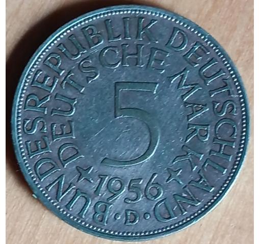 GERMANY, 5 DM Silver Eagle Circulation Coin 1956