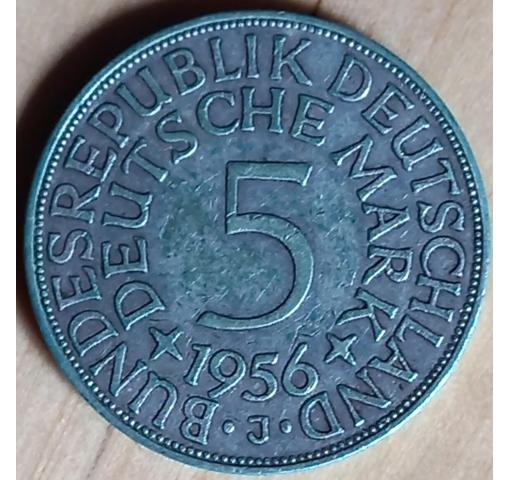 GERMANY, 5 DM Silver Eagle Circulation Coin 1956