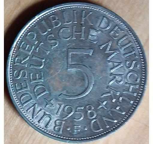 GERMANY, 5 DM Silver Eagle Circulation Coin 1958