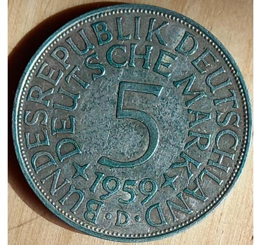 GERMANY, 5 DM Silver Eagle Circulation Coin 1959