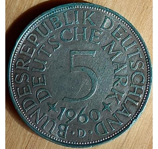 GERMANY, 5 DM Silver Eagle Circulation Coin 1960