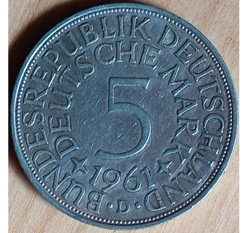GERMANY, 5 DM Silver Eagle Circulation Coin 1961