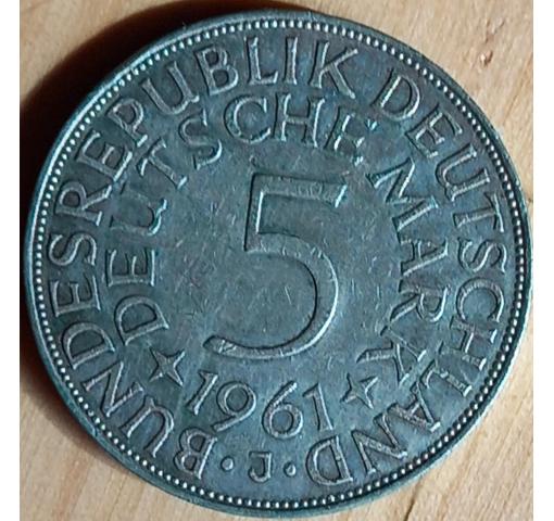 GERMANY, 5 DM Silver Eagle Circulation Coin 1961