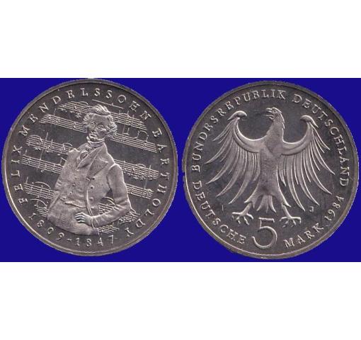 GERMANY, 5DM 175th Birthday of Felix Mendelssohn Bartholdy 1984